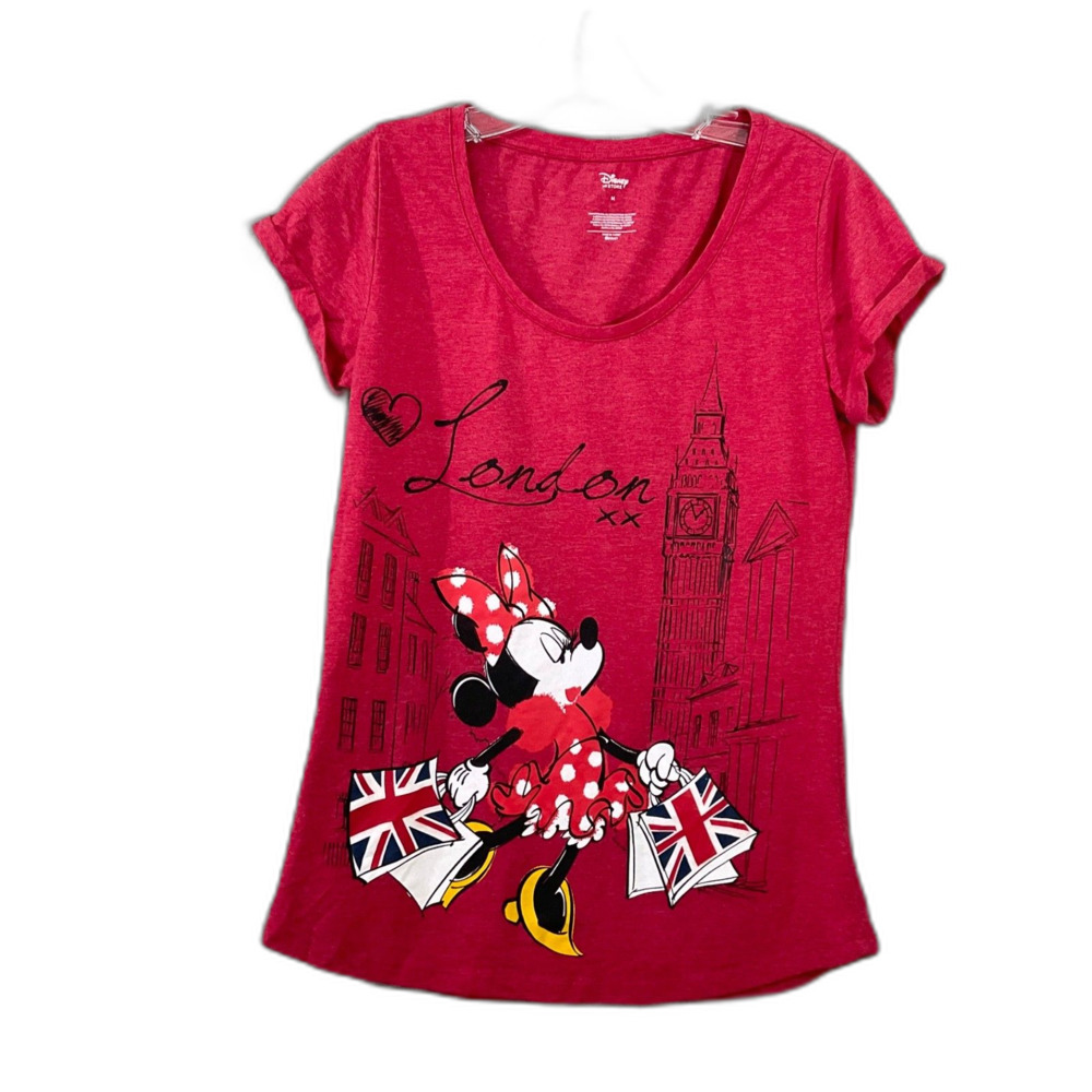 Disney Store Minnie Mouse London T-shirt womenโs M Red British flag shopping